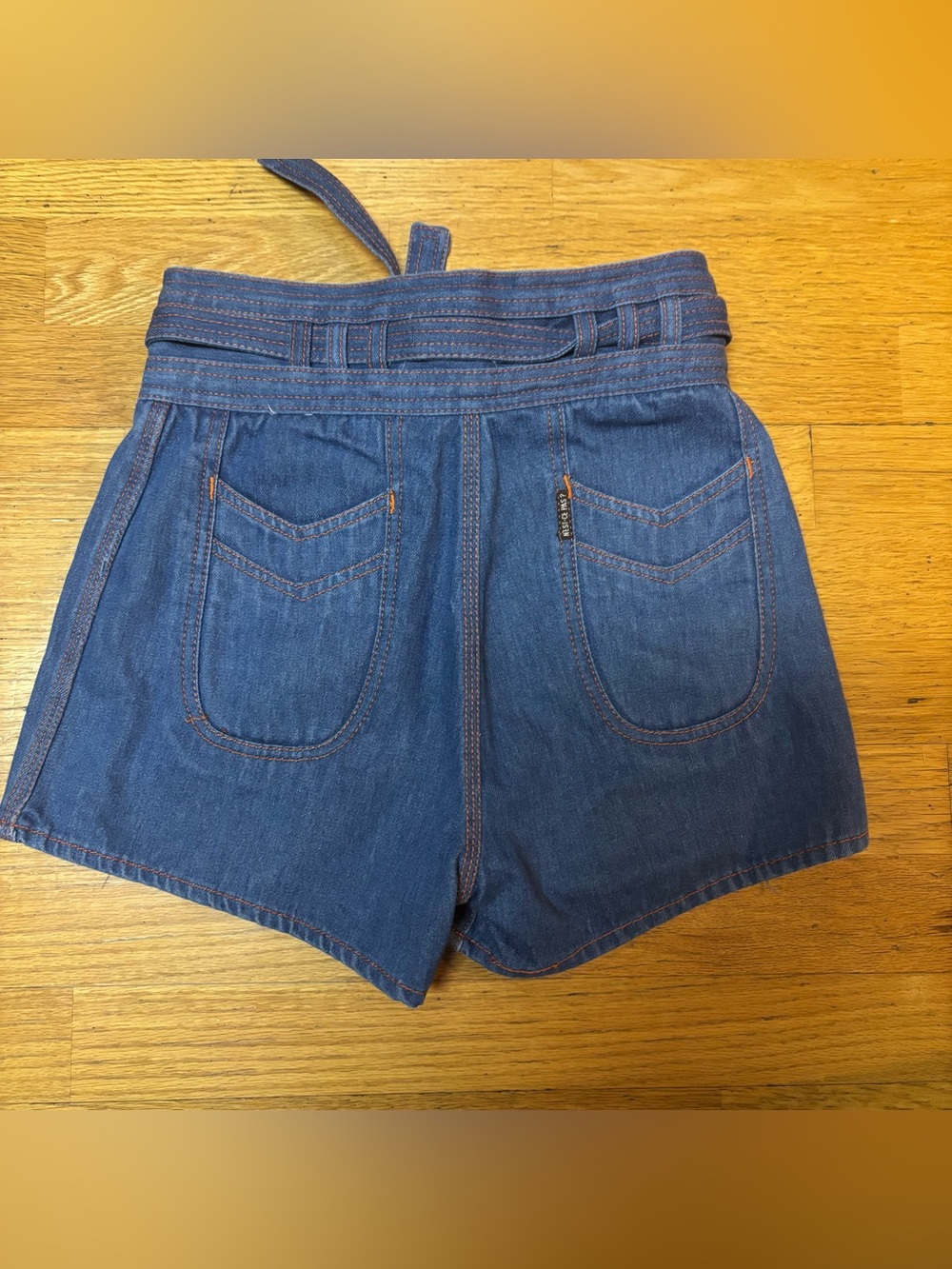 Vintage Nest Ce Pas Indigo RARE 70s High Waisted Tie Festival Jean Shorts 28 - Picture 3 of 6
